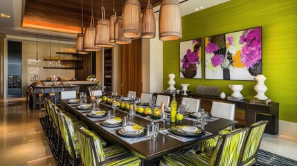 Dining room with green walls, modern chairs, and dim pendant lighting.