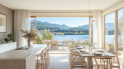 Obraz premium Elegant dining area with neutral tones, designer furniture, and panoramic views of a serene lake.