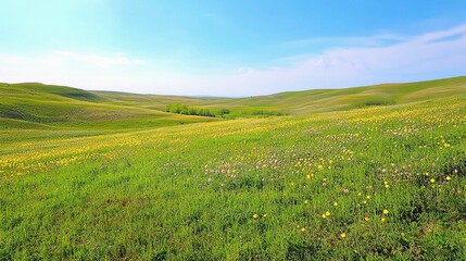 Fototapeta premium Vibrant Spring Landscape with Flowering Fields and Blue Sky