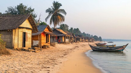 Obraz premium Fishing huts lined along a beach with fishing boats anchored nearby.