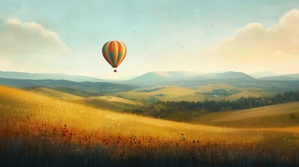 Fototapeta premium Hot Air Balloon Over Golden Fields and Rolling Hills Landscape