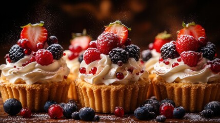 Delicious berry cupcakes with cream, dusted with sugar. Perfect for dessert menus or baking blogs