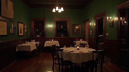 Green-walled dining area with an elegant table setting and dim mood lighting.
