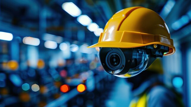 A yellow safety helmet equipped with a surveillance camera, symbolizing security and monitoring in an industrial environment.