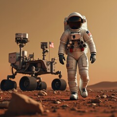 An astronaut wearing a space suit walking next to a Mars rover on the surface of a red planet, Martian landscape