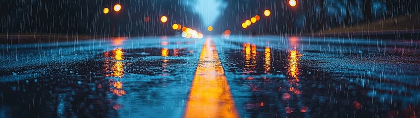 Cinematic Rainy Night Road Scene with Reflections of Streetlights and Atmospheric Urban Glow

