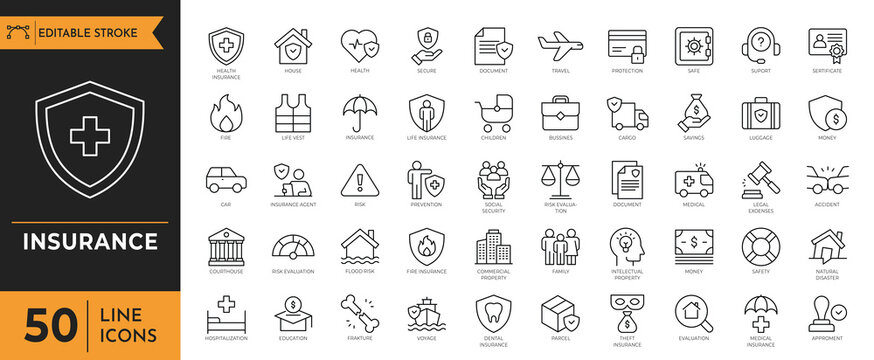 Insurance icon set. Containing Life, health, property, accident, Medical, and more. Vector illustration