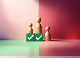 Three wooden figures stand on green cubes with checkmarks, against a pink and rose backdrop.  The image symbolizes teamwork, achievement, and collaboration.