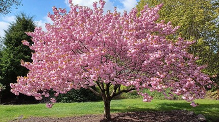 Obraz premium Beautiful Pink Cherry Blossom Tree Under Bright Blue Sky