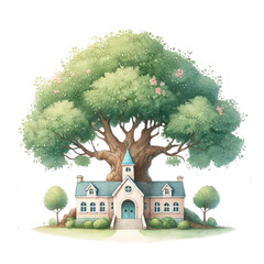 A whimsical illustration of a large tree with a house nestled underneath its sprawling branches.