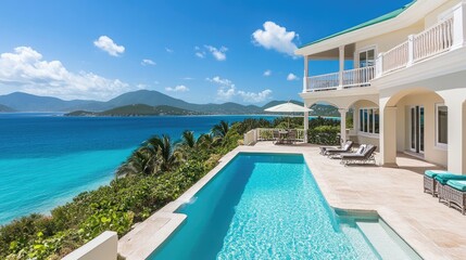Fototapeta premium Luxury villa with stunning ocean views and a shaded pergola by the pool.