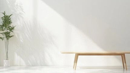 Minimalist D scene of a dining room with Scandinavian decor and a sleek wooden table.