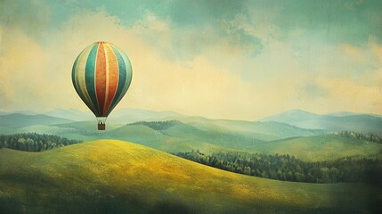 Obraz premium Hot Air Balloon Over Rolling Green Hills Landscape