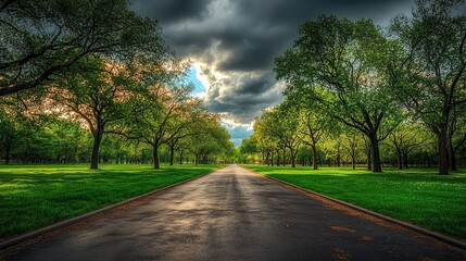Expansive Empty Highway Through Green Park Under Dramatic Sky