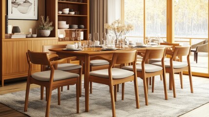 Scandinavian-inspired dining room mockup with a warm wooden table and a contemporary design.