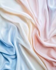 Obraz premium Soft, flowing fabric in pastel tones of blue, pink, and cream, creating an elegant and serene texture.