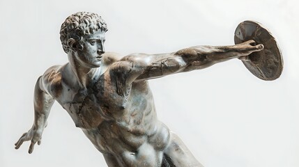 Discus thrower discobolus statue. A part of the ancient Olymp games. A Roman copy of the lost bronze Greek sculpture. Isolated on white background