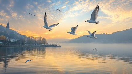 Obraz premium Seagulls flying over a picturesque seaside port at dawn.