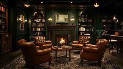 Sophisticated study with green walls, leather chairs, and desk lighting at night.