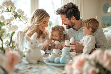 Happy family celebrating Easter, parents and their two children smiling while holding decorated Easter eggs.