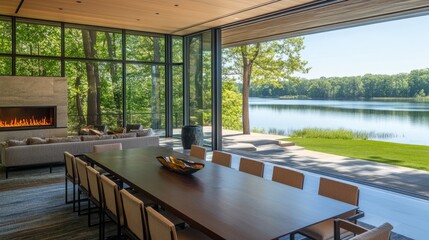 Fototapeta premium Spacious dining area with clean lines, modern furniture, and a serene lakeside backdrop.