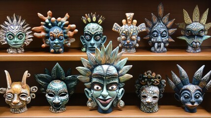 Fototapeta premium A display of handmade clay figurines with detailed hand-painted designs.