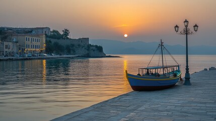 Sunrise over a peaceful sea port, with reflections on calm water.