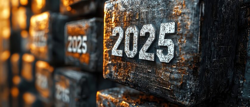  Steel blocks with engraved "2025" lit by warm golden light. Metallic texture and industrial vibe convey themes of future, progress, and robust modern design.