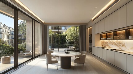Modern open-plan apartment dining area with kitchen and patio access.