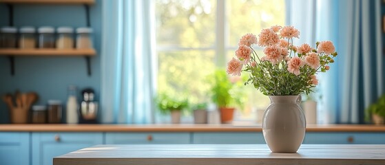  Cozy kitchen with pastel-colored cabinets and vintage décor, vase of fresh flowers on table, soft curtains on windows, blurred background showing shelves with spices and jars, creating a homely feel.