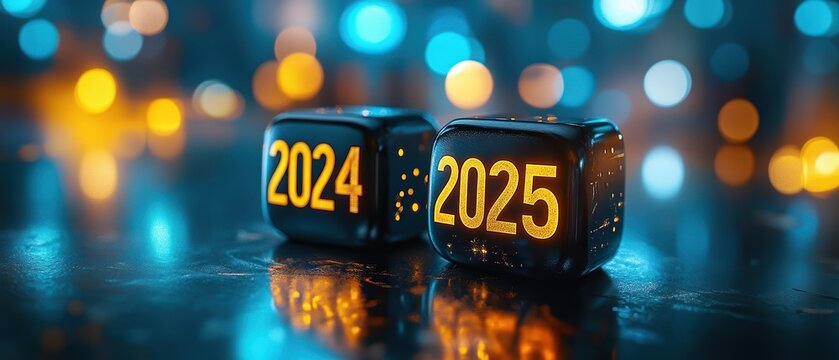  Illuminated dice displaying years 2024 and 2025 against bokeh background. Vibrant blue and orange lights create festive, futuristic vibe perfect for New Year’s celebrations or milestones.