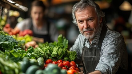 Farmer at market stall, selling fresh produce