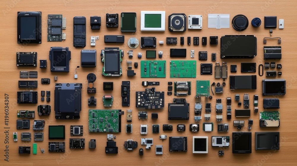 Poster a neatly arranged array of sensors and microchips on an rd workbench.