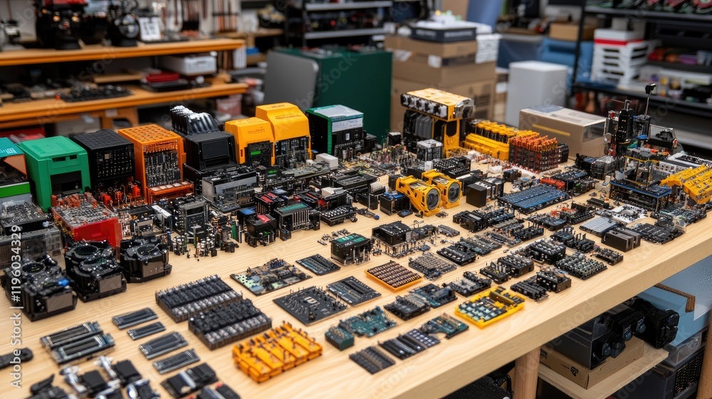 Poster a neatly arranged array of sensors and microchips on an rd workbench.
