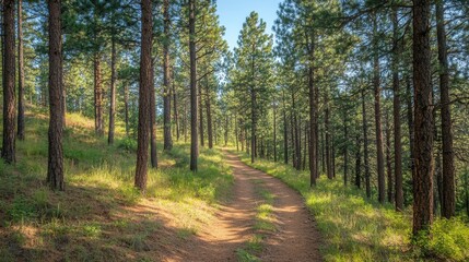 Sunlit path winds through a dense pine forest. Ideal for illustrating tranquility, nature, or hiking themes.