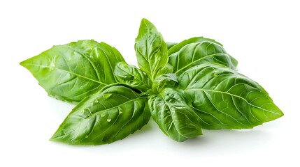Fototapeta premium A sprig of basil with green leaves, isolated on a white background
