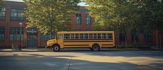 Obraz premium Bright yellow school bus parked in front of a red-brick school building with large windows, sun casting long shadows across clean concrete driveway, evoking a classic back-to-school scene.