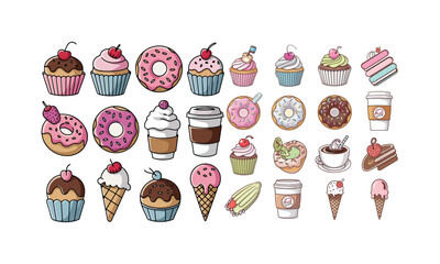 Sweet clipart collection featuring donuts, cupcakes, ice cream, macarons, coffee cups, and other delicious treats.