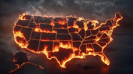 Burning USA: A fiery depiction of the United States map engulfed in flames.