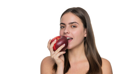 Healthy lifestyle and health. Diet and beauty. Detox. Young girl with apple fruit. Vitamin and dieting. Woman eating healthy food. Detox diet. Natural organic fresh apple. Banner
