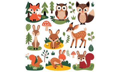 Obraz premium Woodland Animals Clipart Set - Foxes, Owls, Deer, Rabbits, Squirrels, and Forest Elements