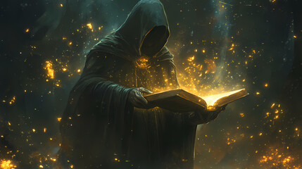 A cloaked figure conjures magic from an ancient book, surrounded by glowing particles. Thornspire. Illustration
