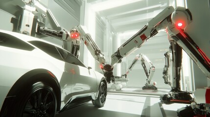 A set of robotic arms in a fully automated car manufacturing plant.