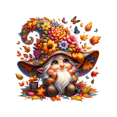Fototapeta premium A whimsical gnome adorned with a floral hat, surrounded by colorful autumn leaves and flowers, exuding a playful charm.