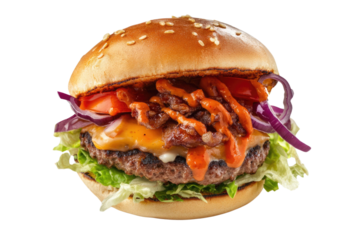 Hamburger Classic Burger American Cheeseburger with Lettuce Tomato Onion Cheese Beef and Sauce Close up isolated on white Background.