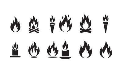 Fire and Flame Icons Set - Torches, Campfires, Candles, and Flame Silhouettes
