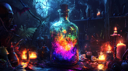 A decorative halloween bottle bursting with colorful potion, flanked by ominous decor and glowing candles, conjures a thrilling ambiance for an unforgettable spooky night. Thornspire. Illustration