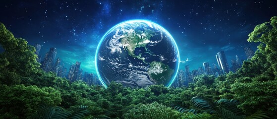 A vivid depiction of Earth surrounded by lush vegetation and starry night sky.