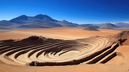 A wide aerial view of a large open-pit mine, showcasing terraced layers of soil and rock under clear skies.