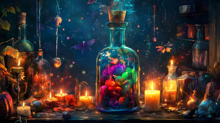 A decorative halloween bottle bursting with colorful potion, flanked by ominous decor and glowing candles, conjures a thrilling ambiance for an unforgettable spooky night. Thornspire. Illustration